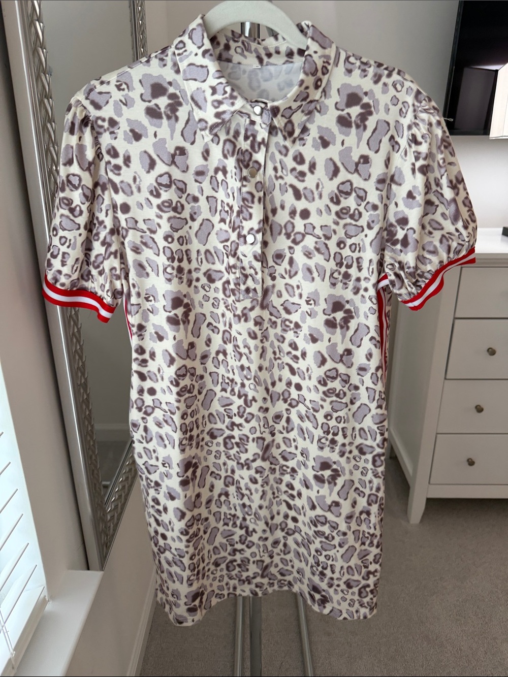 Leopard Print Mini Dress with Red Trim - White/Purple